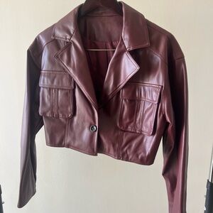 Women's Burgundy Faux Leather Jacket Cropped, Size Medium